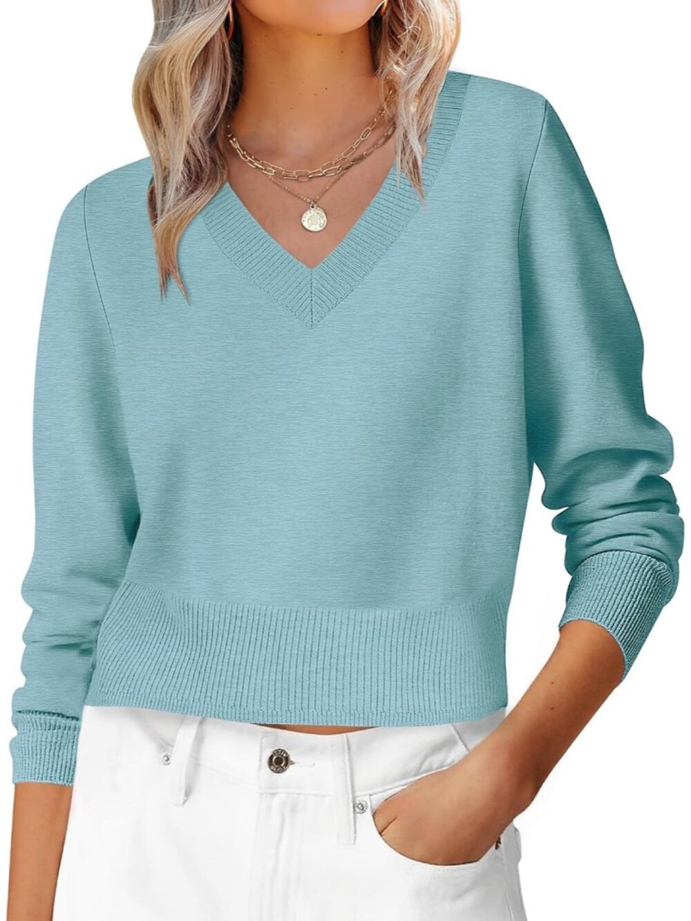 Women's Light Blue  Cropped V Neck Long Sleeve Casual Pullover Outfits Sweaters